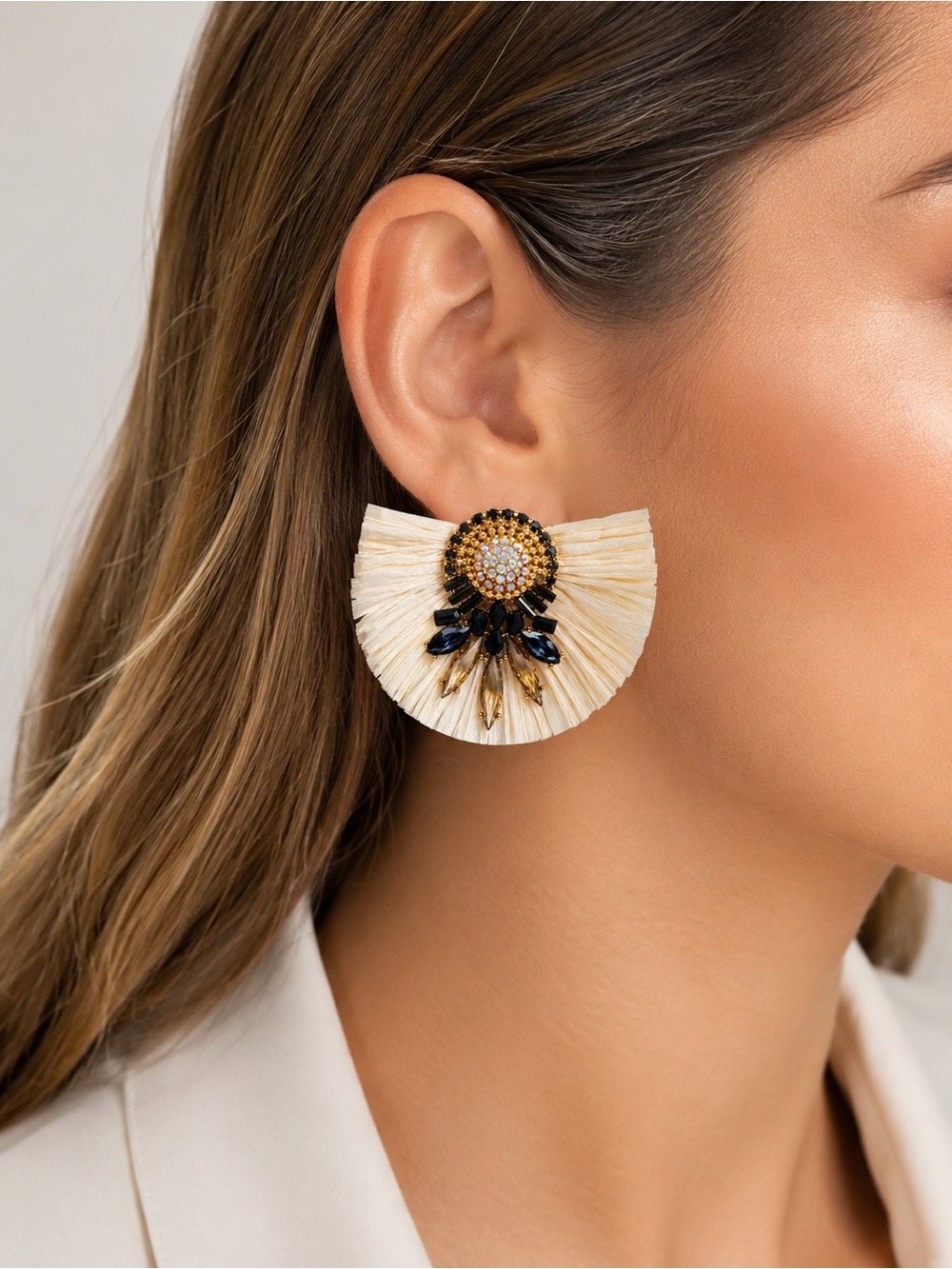 Zara Cream Fan Fringe Earrings with navy blue and Gold Accents
